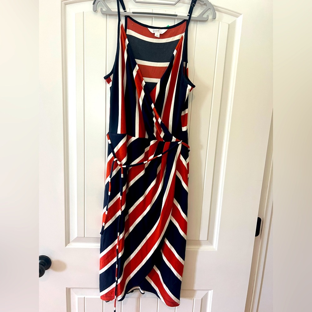Market & Spruce Annora Navy Terracotta White Striped Faux Wrap Dress Size large